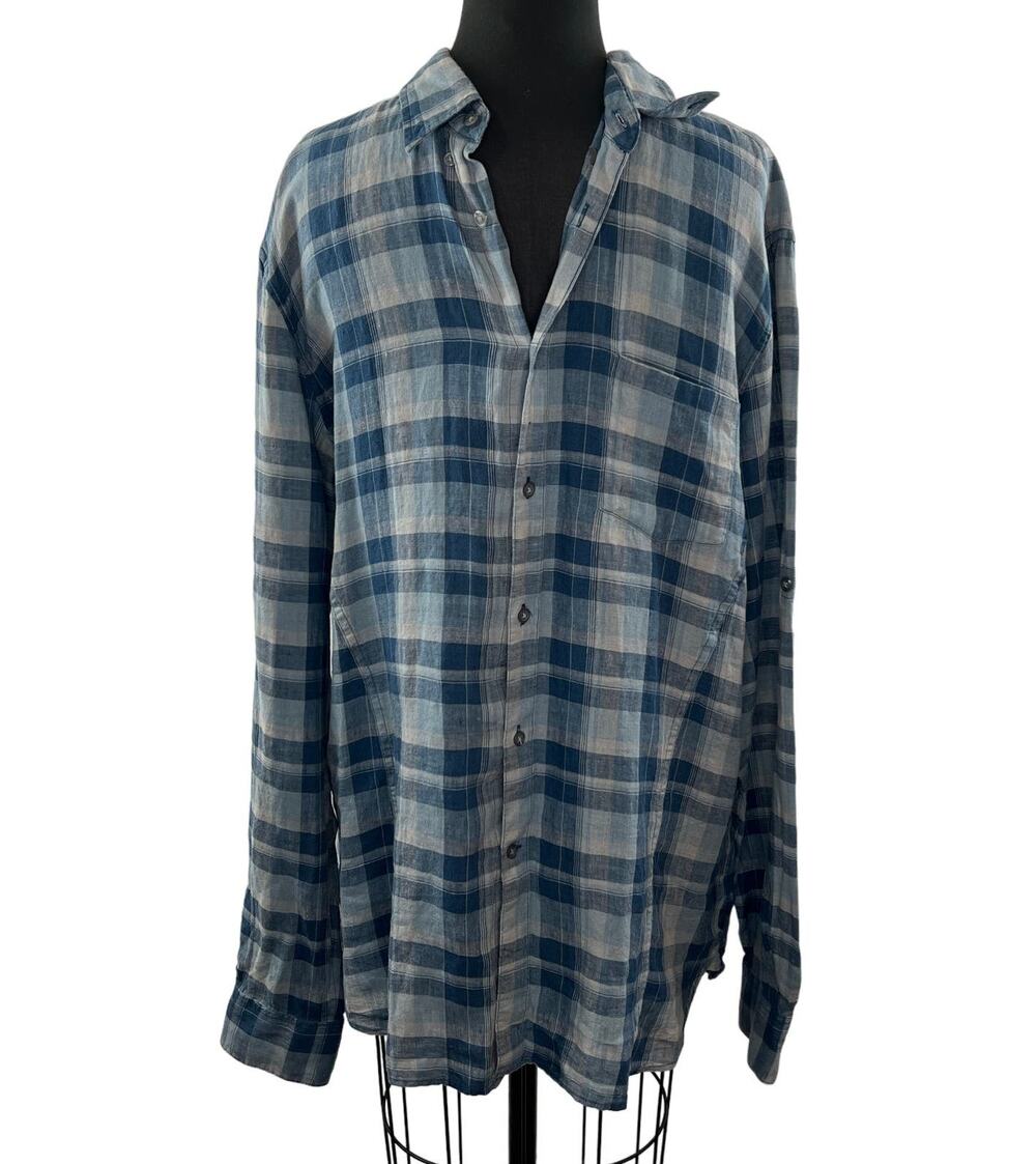 JOHN VARVATOS Blue Gray Plaid Linen Button-Down Collared Pocket Shirt Top Size L